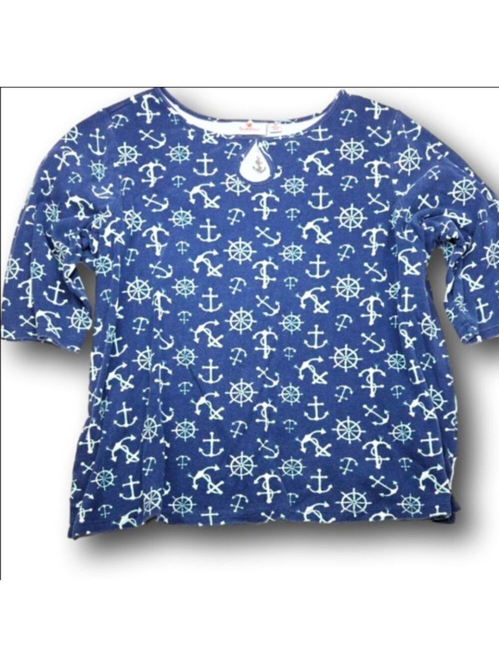 Women's Quacker Factory Long Sleeve Tee 2X Blue Green Anchor Print